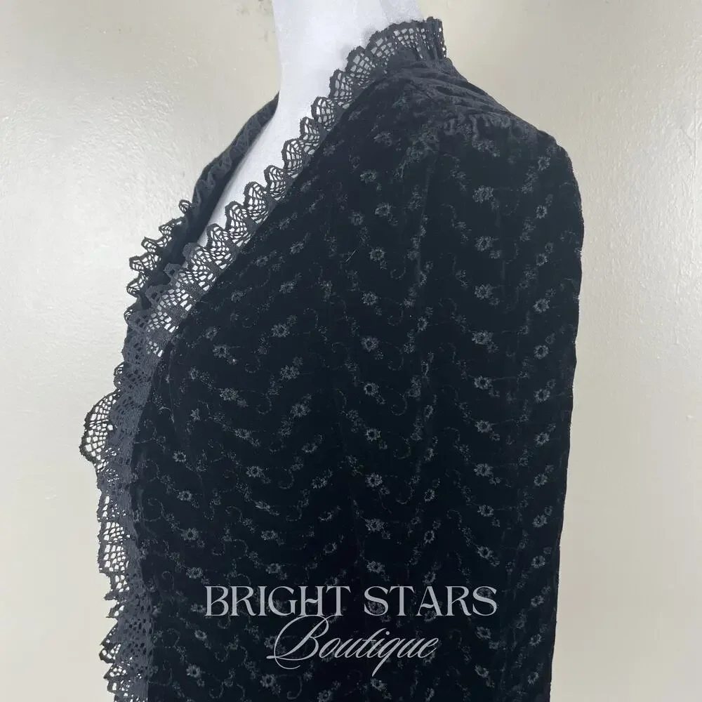 Rare Black Velvet Blazer ASO Lorelia Gilmore Girls Velvet Tie Front Lace Trim - Picture 11 of 13